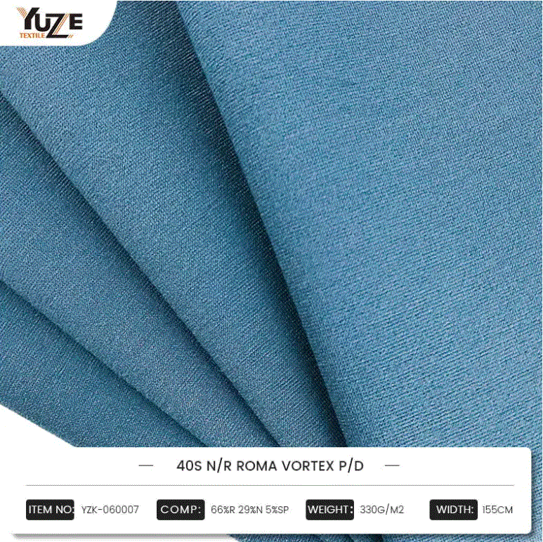 YZK-060007 40S N/R Roma Vortex P/D : Rayon, Nylon 및 Spandex의 고성능 혼합, Vortex Vortex Spinning Technology는 내구성 있고 편안한 패션 선택을 만듭니다.